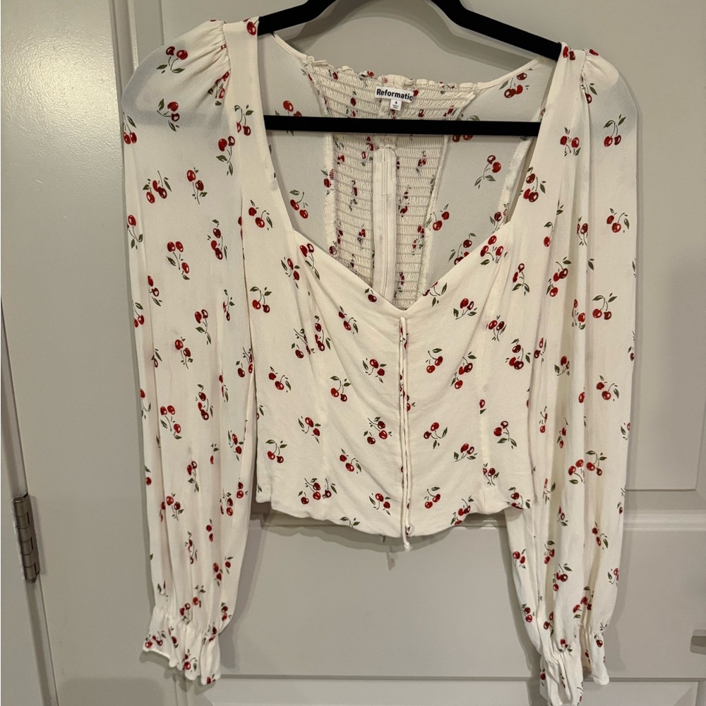 Reformation Cream Cherry-Print Puff Sleeve Button Front Blouse